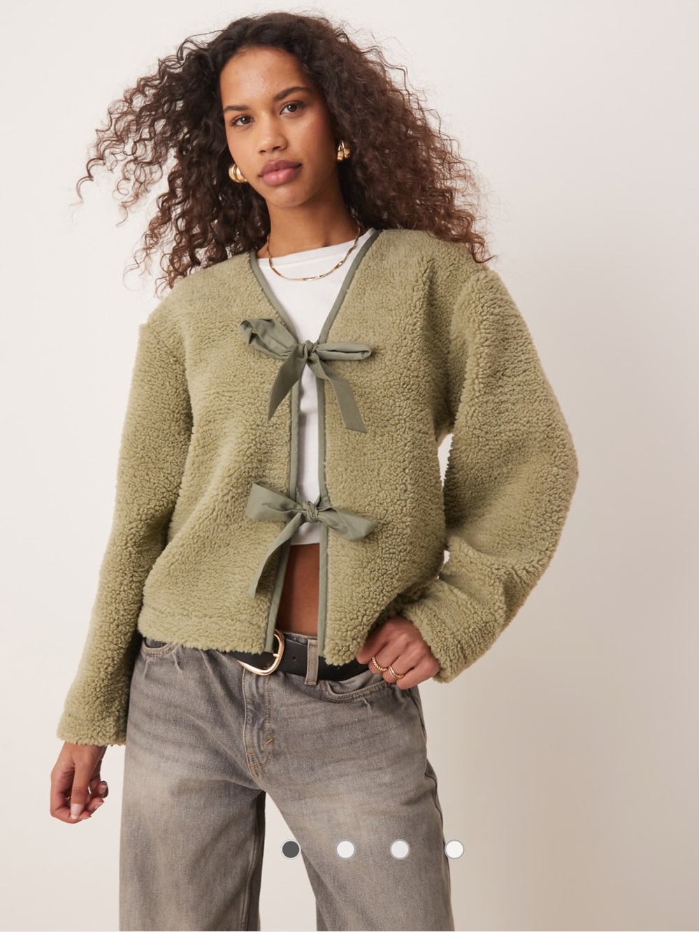 ASOS DESIGN Borg Sherpa Jacket Cardigan with bow tie details Sage Green Small